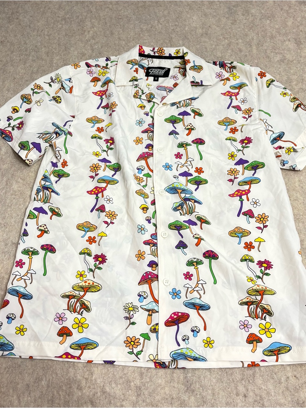 White Mushroom-Print Short Sleeve Camp Shirt